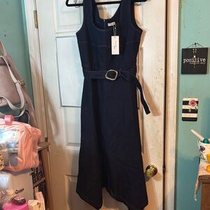 NWT Sleeveless Dark Denim Belted Midi Dress Size Large